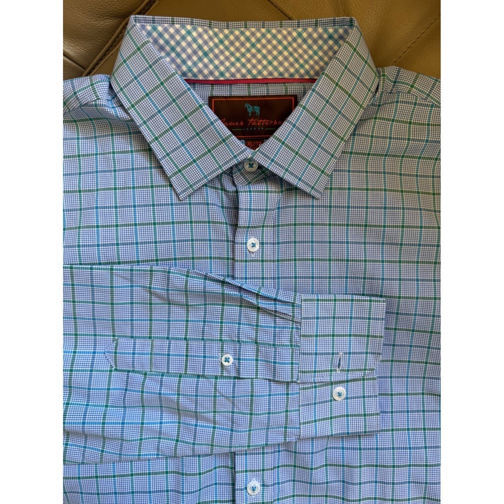 James Tattersall London XL Blue Green Plaid Cotton Button Down Shirt 17-17.5
